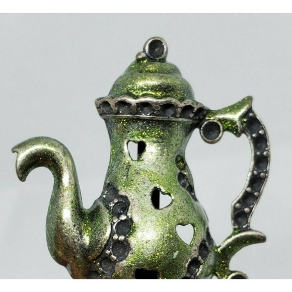 Rare Green Tea Kettle Lapel Pin Heart Embossed Hat Brooch - Picture 4 of 10
